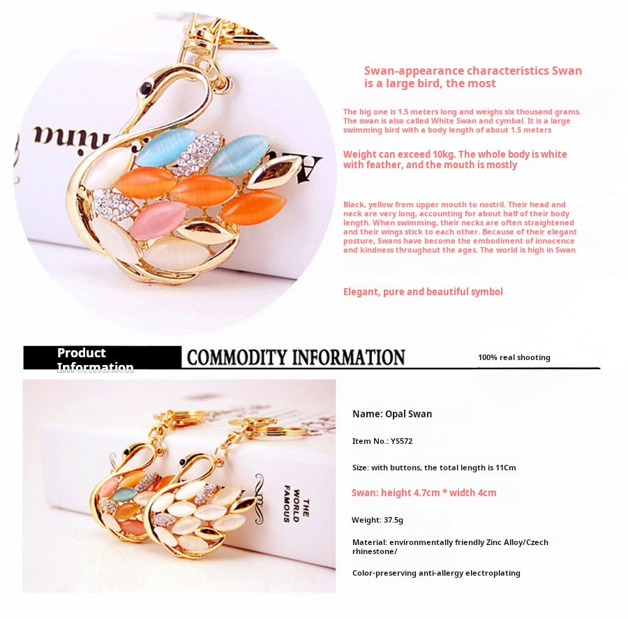 Sparkling Cat Eye Opal Swan Couple Keychain Set - Rhinestone Crystal Animal Bag Charm Accessories