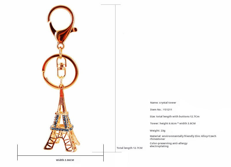 Glistening Rhinestone Crystal Eiffel Tower & Car Keychain - Durable Metal Bag Charm Accessories